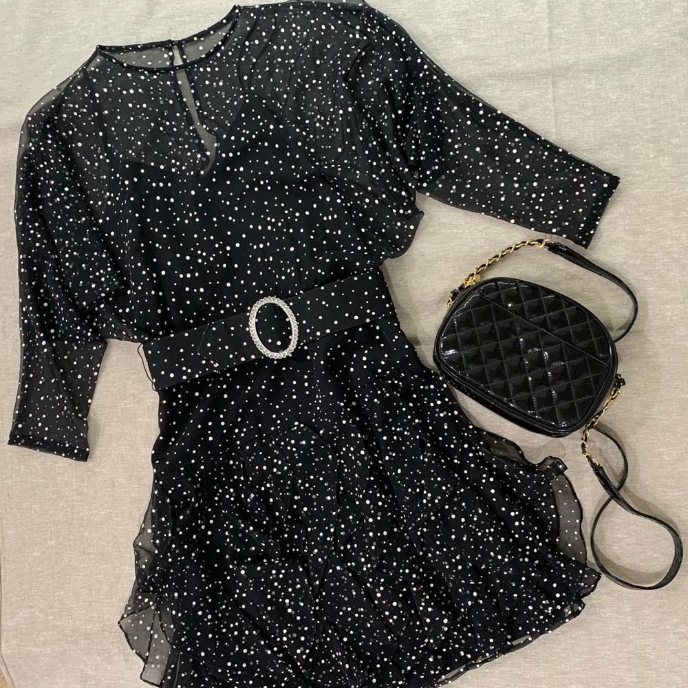Betsy & Adam Black Cocktail Dress, Sheer Fabric Over Black Lining, 11-12, EUC